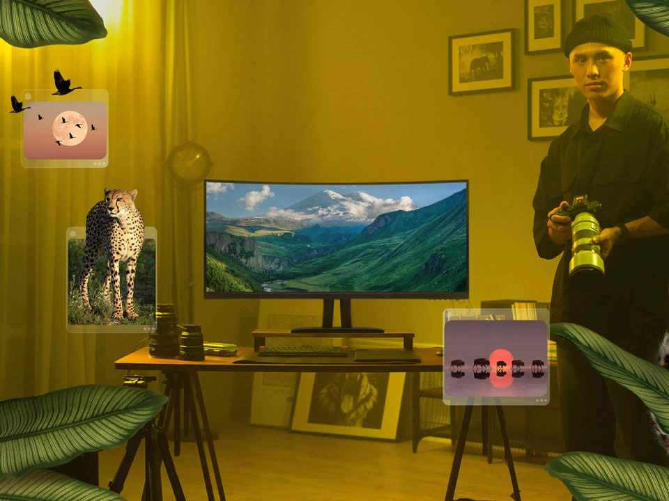 Studio créatif équipé d’un moniteur ultra-large ViewSonic pour la retouche photo, le montage vidéo et la création de contenus.