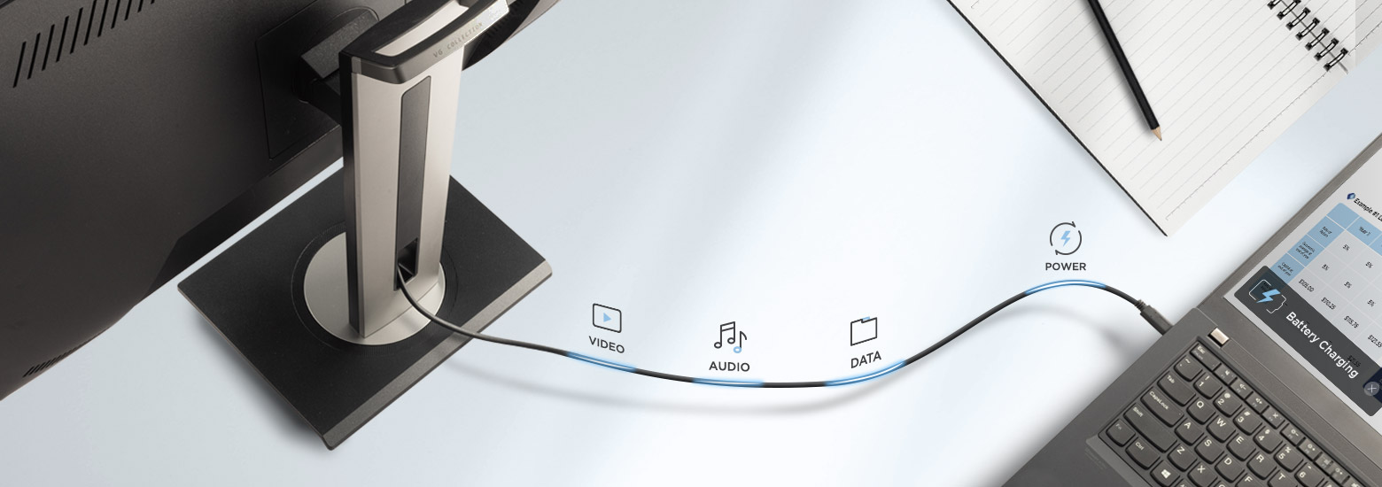 Az USB-C egyetlen kábelen keresztül biztosítja a 60 W-os tápellátást, az audio- és videójelet, valamint a gyors adatátvitelt.