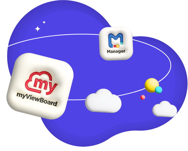 ViewSonic Education Software icons featuring myViewBoard, ClassSwift, AirSync, Manager, and TeamOne.