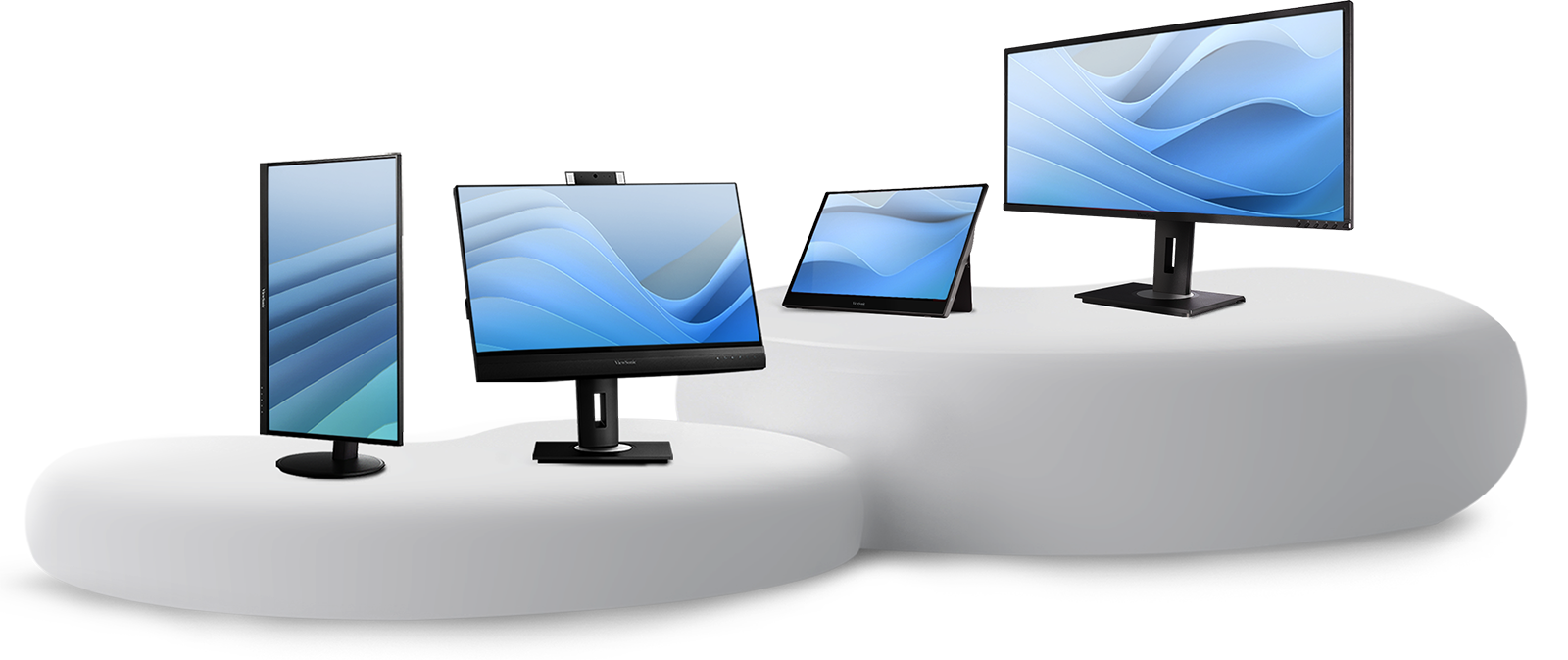 Patru monitoare de afaceri ViewSonic sunt afișate pe platforme albe pe un fundal futurist.