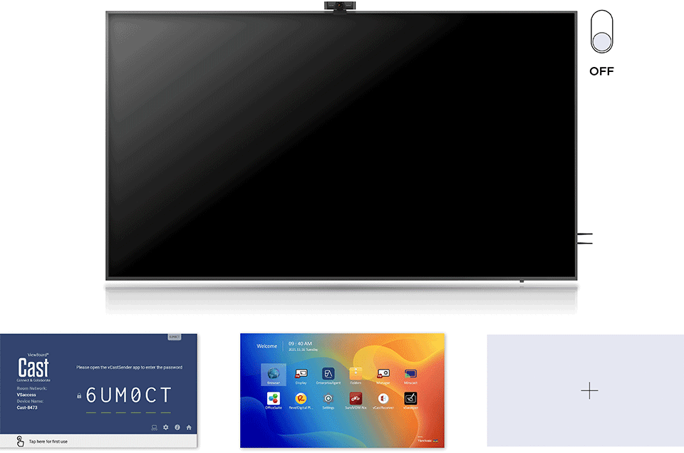 Customisable startup screen on a ViewSonic wireless presentation display.